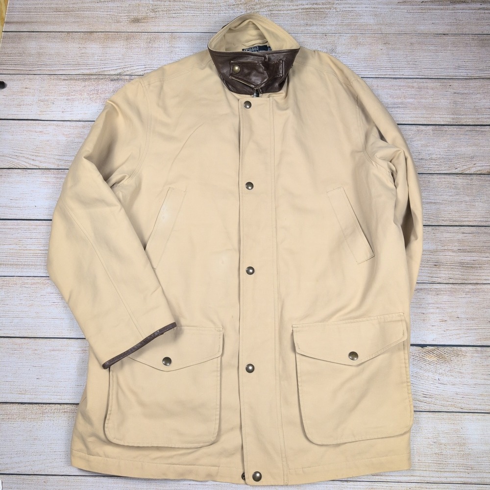 VTG Polo Ralph Lauren M FieldbJacket XL Tan Brown Leather Trim Button Up Barn